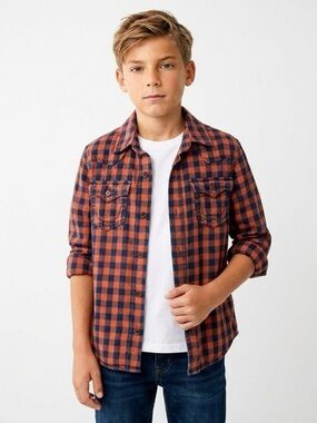 True Religion Orange and Blue Plaid Boys Shirt